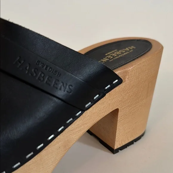 Swedish Hasbeens LOUISE Black Leather Platform Clogs Heels 38 - Picture 6 of 10